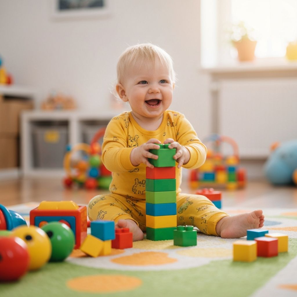 Happy child playing with educational toys