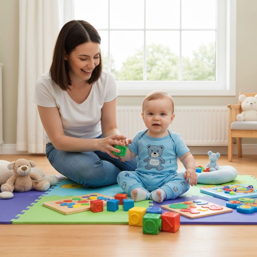 Parent and child playing on a colorful playmat